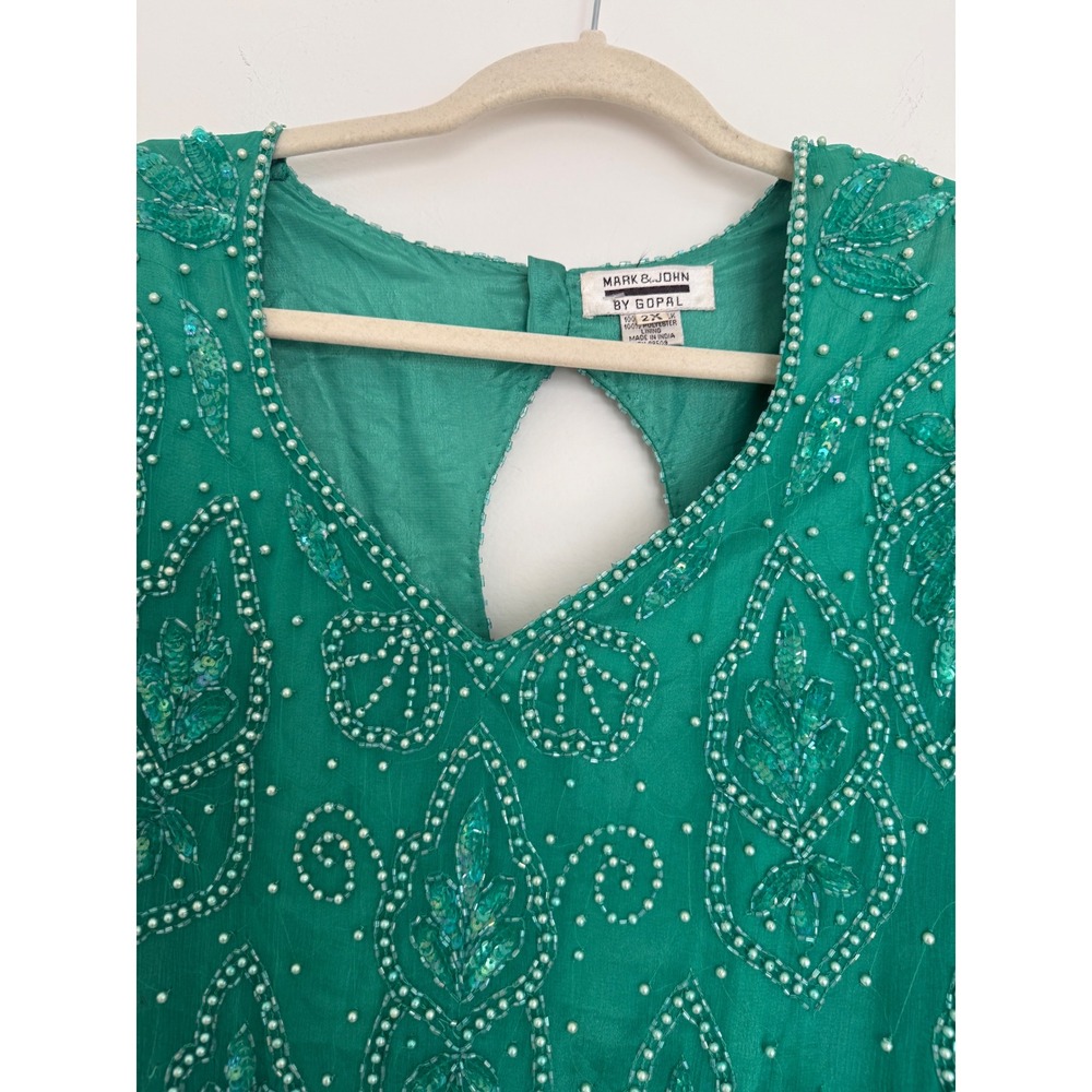 Vintage Mark & John by Gopal Women's 100%‎ Pure Silk Maxi Beaded Green Dress 2X - Picture 5 of 16